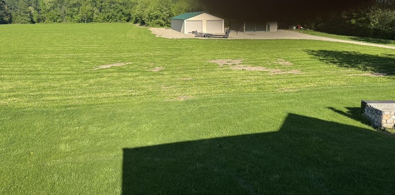 Pole barn with green roof beside the field