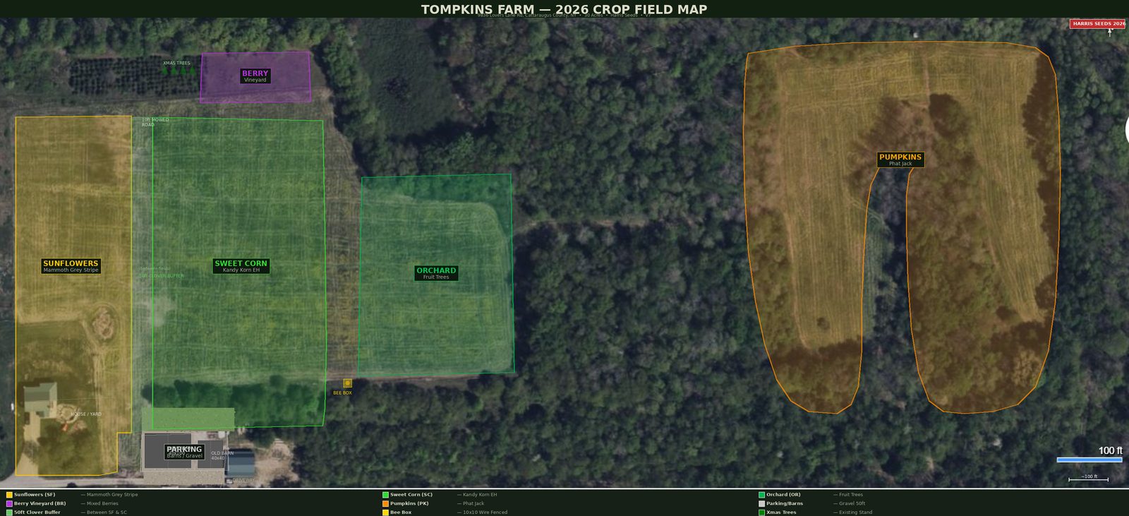 Tompkins Farm 2026 crop field map showing sunflowers, sweet corn, pumpkins, and clover buffers