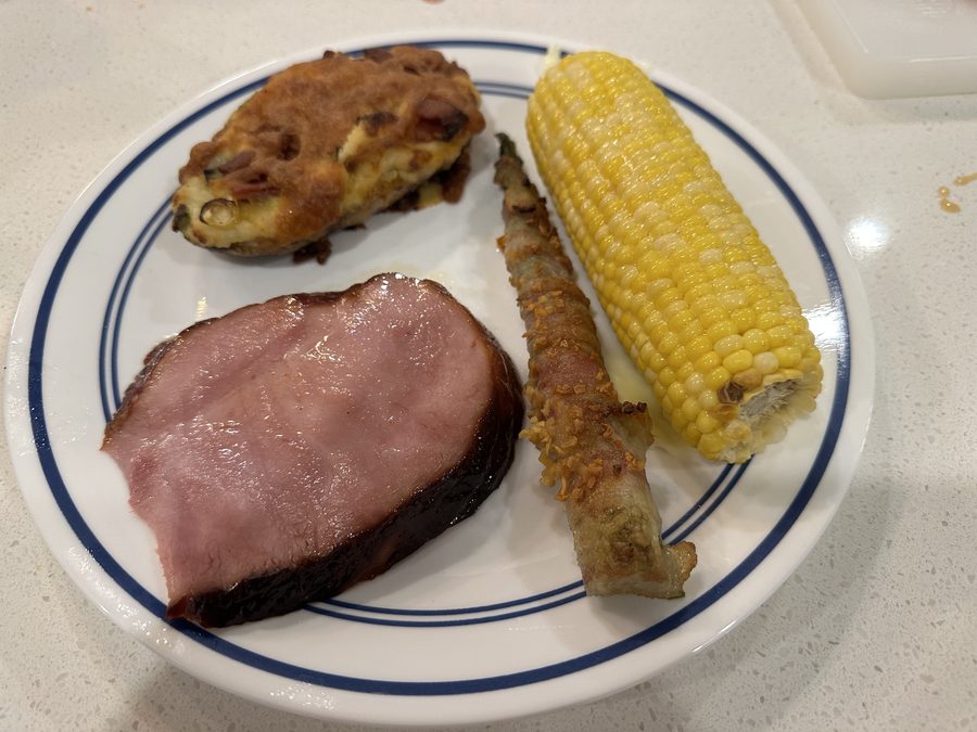 Ham steak with sweet corn on the cob