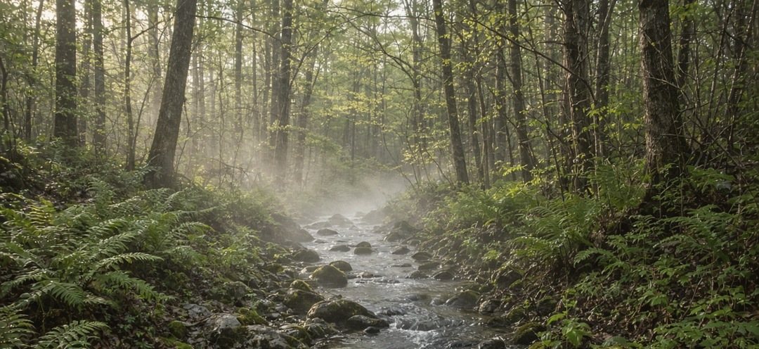 A cold, clear stream running over stone through ferns and hardwood timber